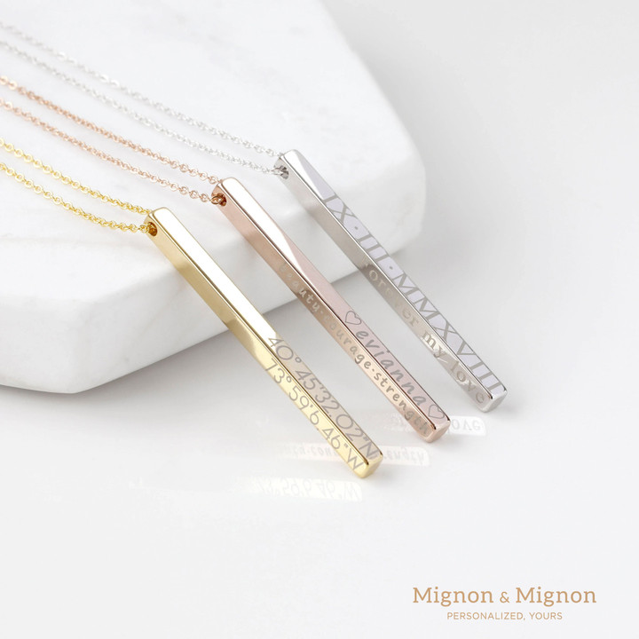 Personalize Engraved Necklace with Name Coordinate Custom Simple Bar Necklace For Women Minimalist Jewelry Bridesmaid Gift for Her - 4SBN