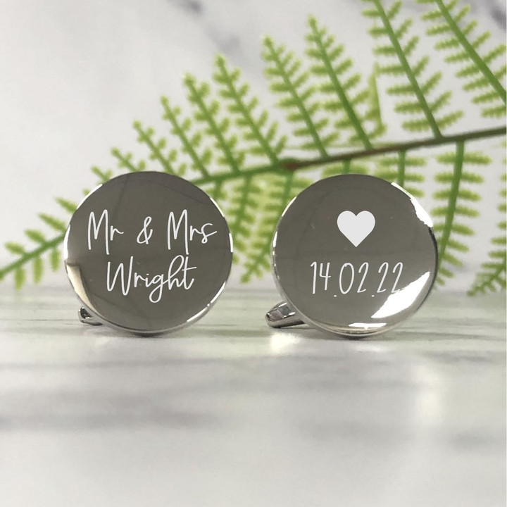 Silver Personalised Engraved Surname ROUND Wedding Cufflinks - Personalised Engraved Gift Box Available