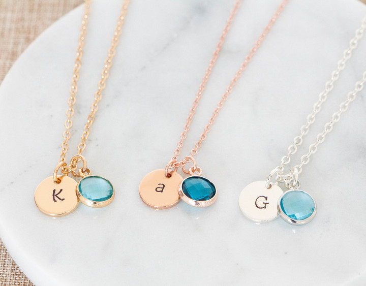 Initial Necklace, Birthstone Necklace,  Personalised Jewellery , custom disc necklace , monogram necklace, bridesmaid gift, gift for mum