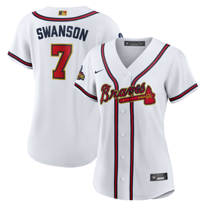 Dansby Swanson Atlanta Braves Women's 2022 Gold Program Player Jersey White