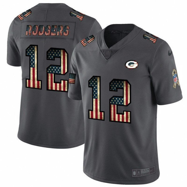 Green Bay Packers Aaron Rodgers #12 Retro Flag Carbon Black Jersey