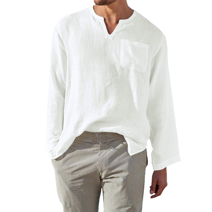 Men's Casual Long Sleeve V-neck Solid Color Loose Vacation Beach Linen Shirt 🔥HOT DEAL - 50% OFF🔥