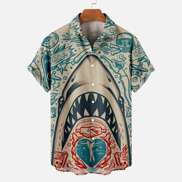Hawaiian Great White Shark Pattern Men's Short Sleeve Top