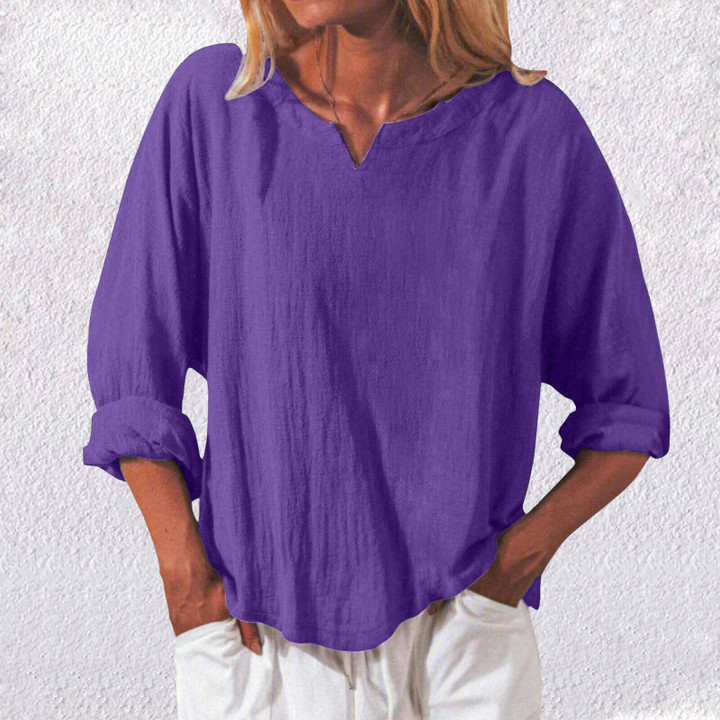 LADIES COTTON PURE COLOR LOOSE VINTAGE LONG SLEEVE V-NECK SHIRT 🔥50% OFF - LIMITED TIME ONLY🔥