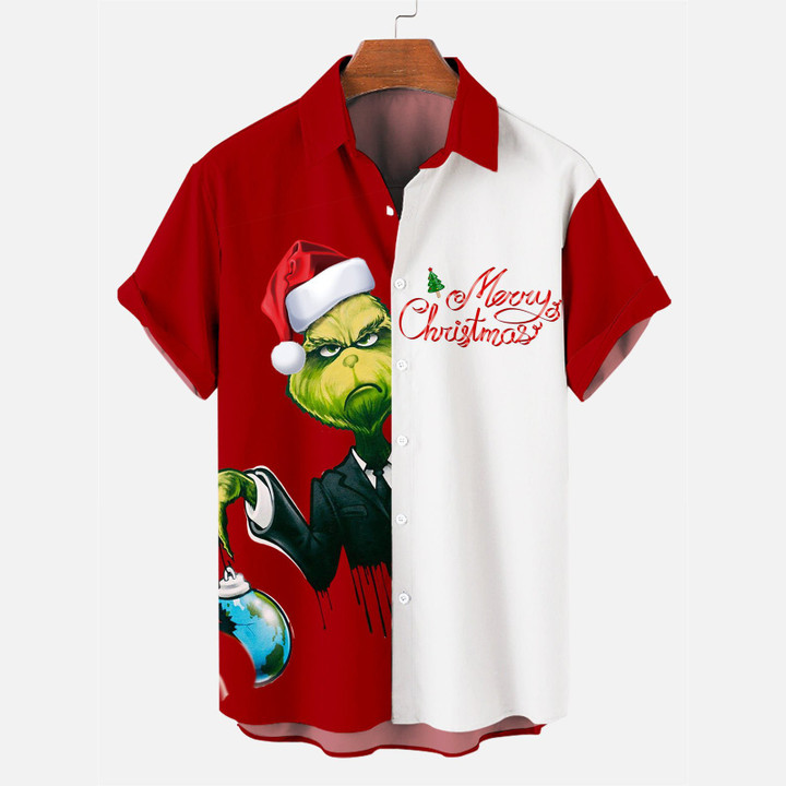 Men's Christmas Green Monster Pattern Contrast Short Sleeve Shirt 🔥SALE 50% OFF 🔥