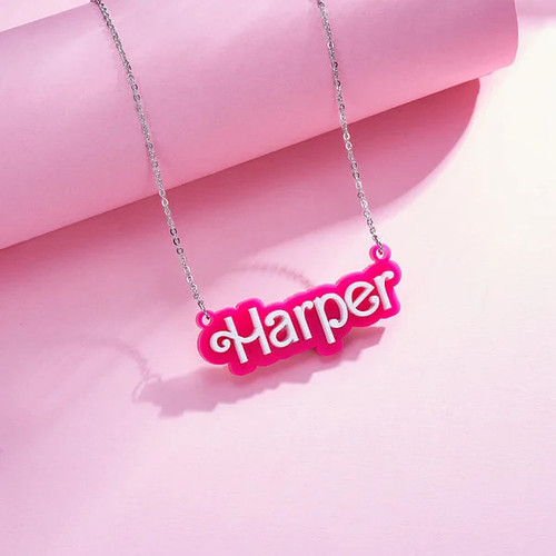 Personalised Pink and White Barb Doll Acrylic Necklace