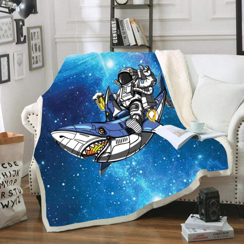 Custom Soft Blanket Space Astronaut Riding Shark