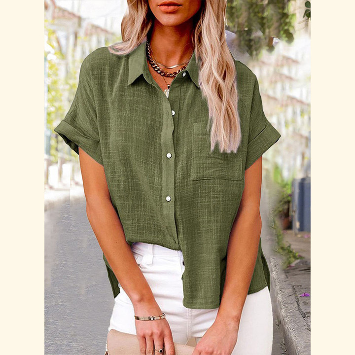 Women's Solid Color Pocket Short Sleeve Cotton Linen Shirt 🔥HOT SALE 50%🔥