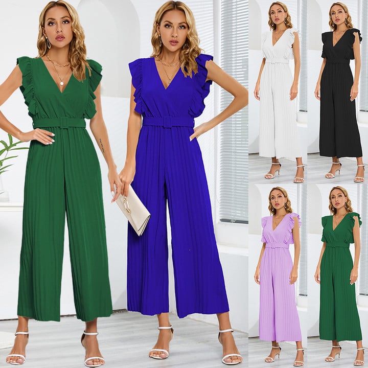 V-Neck Pleated Petal Sleeve Belted Straight Jumpsuits 🔥HOT DEAL - 50% OFF🔥