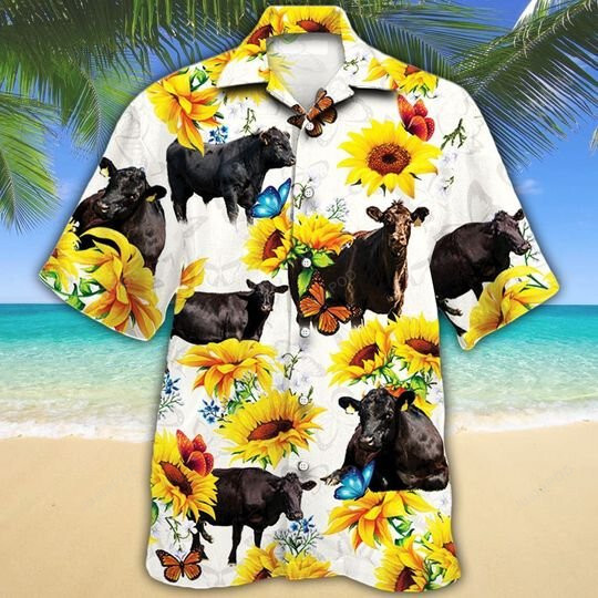 Angus Cattle Butterfly Sunflower Hawaiian Shirt