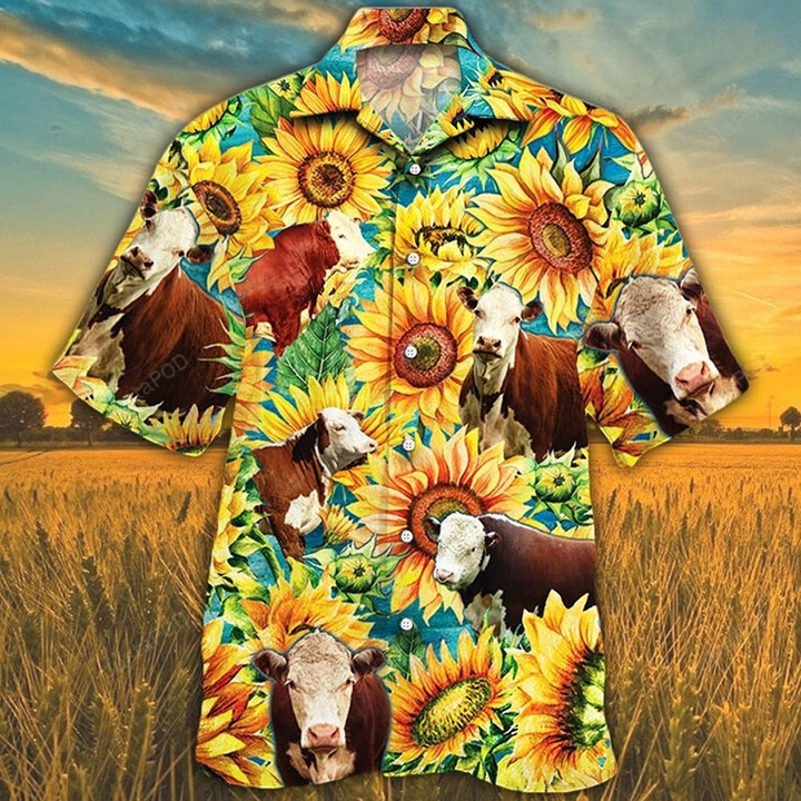Hereford Sunflower Watercolor Hawaiian Shirt