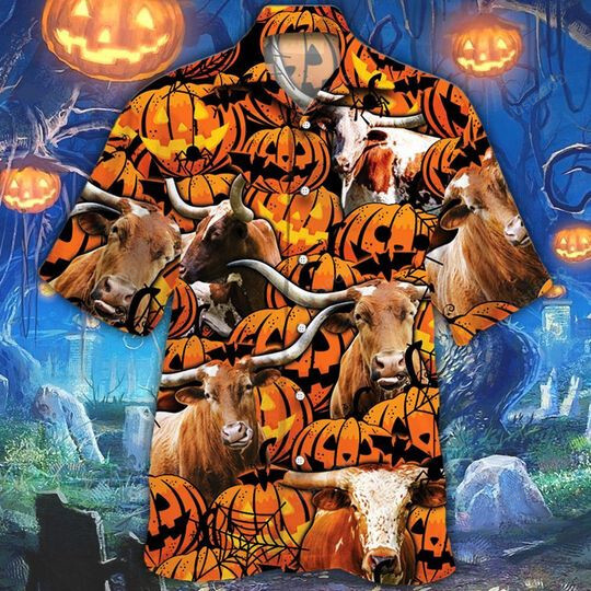 Texas Longhorn Cattle Halloween Pumpkin Hawaiian Shirt