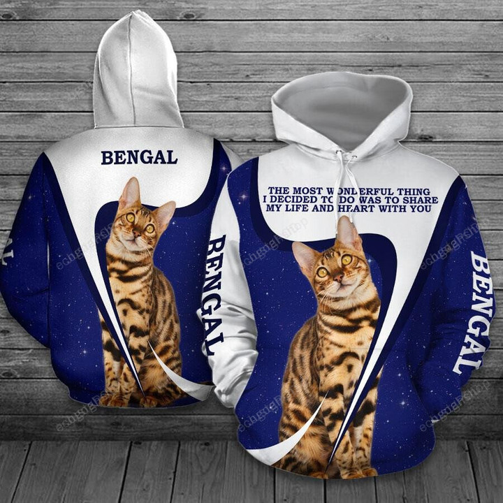Share My Life And Cat With Bengal Cat 3D Hoodie Zip Hoodie, 3D All Over Print Hoodie Zip Hoodie