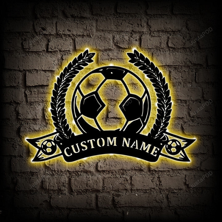 Personalized Soccer Football Monogram Metal Wall Art With Led Lights