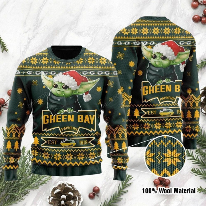Green Bay Packers Ugly Sweater Cute Baby Yoda Grogu Ugly Christmas Sweater, Ugly Sweater, Christmas Sweaters