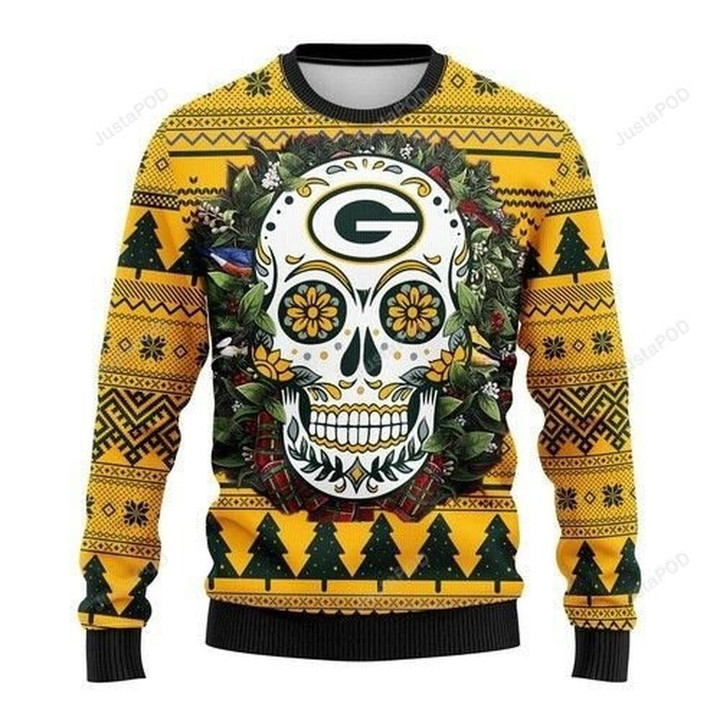 Green Bay Packers Ugly Sweater Skull Flower Ugly Christmas Sweater, All Over Print Sweatshirt, Ugly Sweater