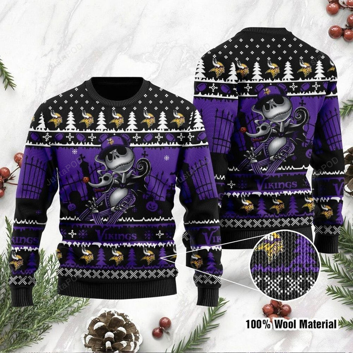 Minnesota Vikings Ugly Sweater Jack Skellington Halloween Ugly Christmas Sweater, Ugly Sweater, Christmas Sweaters