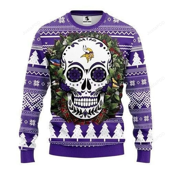 Minnesota Vikings Ugly Sweater Skull Flower Ugly Christmas Sweater, All Over Print Sweatshirt, Ugly Sweater