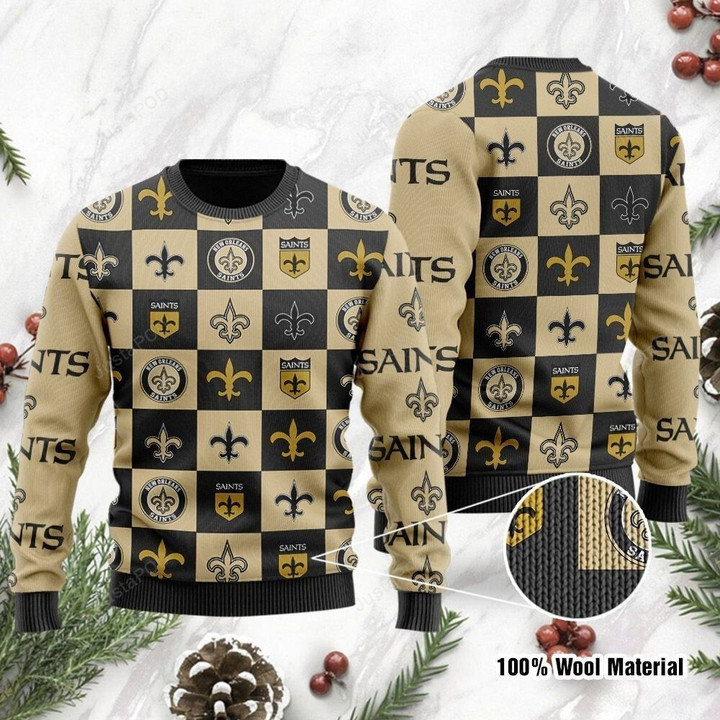 New Orleans Saints Ugly Sweater Logo Checkered Flannel Design Ugly Christmas Sweater, Ugly Sweater