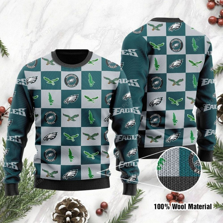 Philadelphia Eagles Ugly Sweater Logo Checkered Flannel Design Ugly Christmas Sweater, Ugly Sweater
