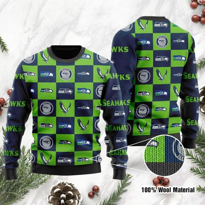 Seattle Seahawks Ugly Sweater Logo Checkered Flannel Design Ugly Christmas Sweater, Ugly Sweater, Christmas Sweaters