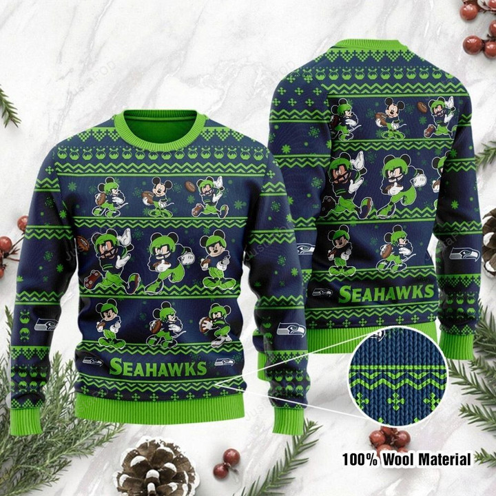 Seattle Seahawks Ugly Sweater Mickey Mouse Holiday Party Ugly Christmas Sweater, Ugly Sweater