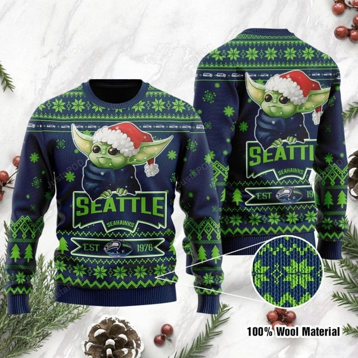 Seattle Seahawks Ugly Sweater Cute Baby Yoda Grogu Ugly Christmas Sweater, Ugly Sweater, Christmas Sweaters