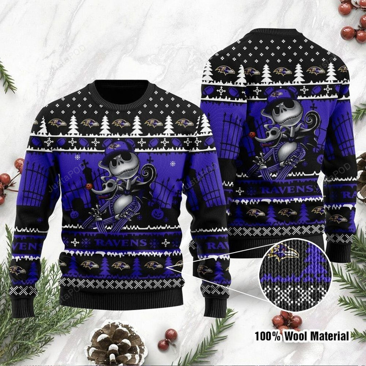 Baltimore Ravens Ugly Sweater Jack Skellington Halloween Holiday Party Ugly Christmas Sweater, Ugly Sweater