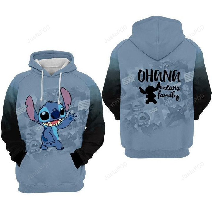 Stitch Ohana Means Family Comic Style 3D Hoodie Zip Hoodie, 3D All Over Print Hoodie Zip Hoodie