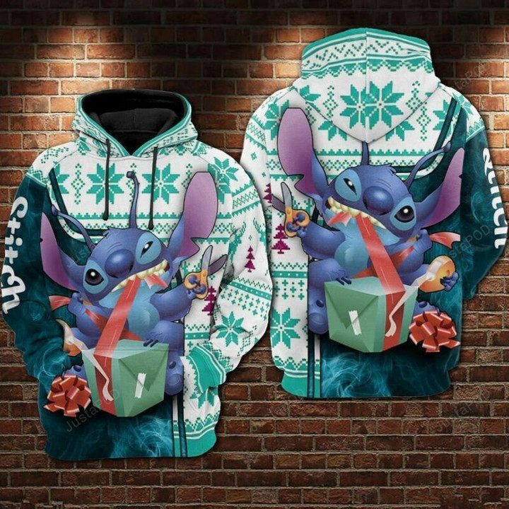 Stitch Open Gift Christmas Pattern Blue 3D Hoodie Zip Hoodie, 3D All Over Print Hoodie Zip Hoodie
