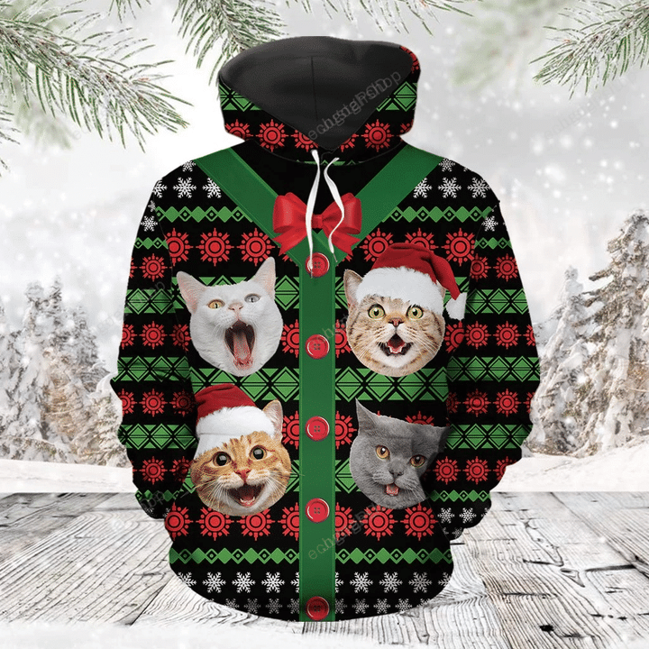 Funny Cat Christmas 3D Hoodie Zip Hoodie, 3D All Over Print Hoodie Zip Hoodie