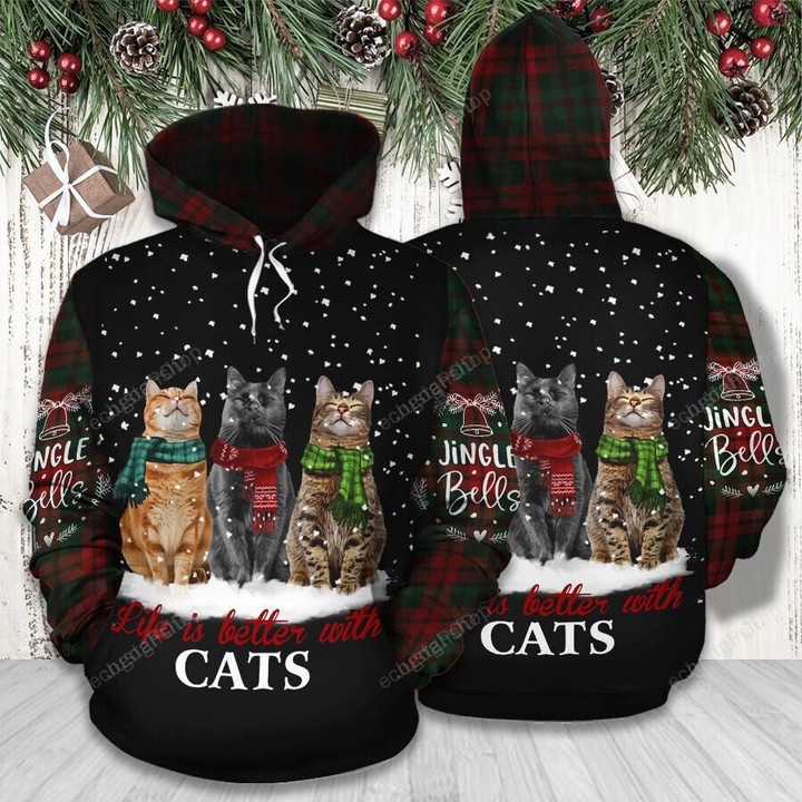Life Is Better With Cats Christmas Tree 3D Hoodie Zip Hoodie, 3D All Over Print Hoodie Zip Hoodie