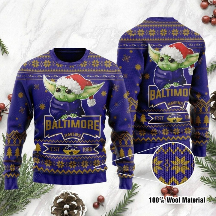 Baltimore Ravens Ugly Sweater Cute Baby Yoda Grogu Ugly Christmas Sweater, Ugly Sweater