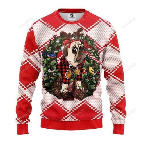 Nhl Chicago Blackhawks Pug Dog Ugly Christmas Sweater, All Over...