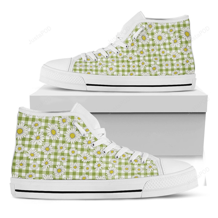 Green Tartan Daisy Pattern White High Top Shoes