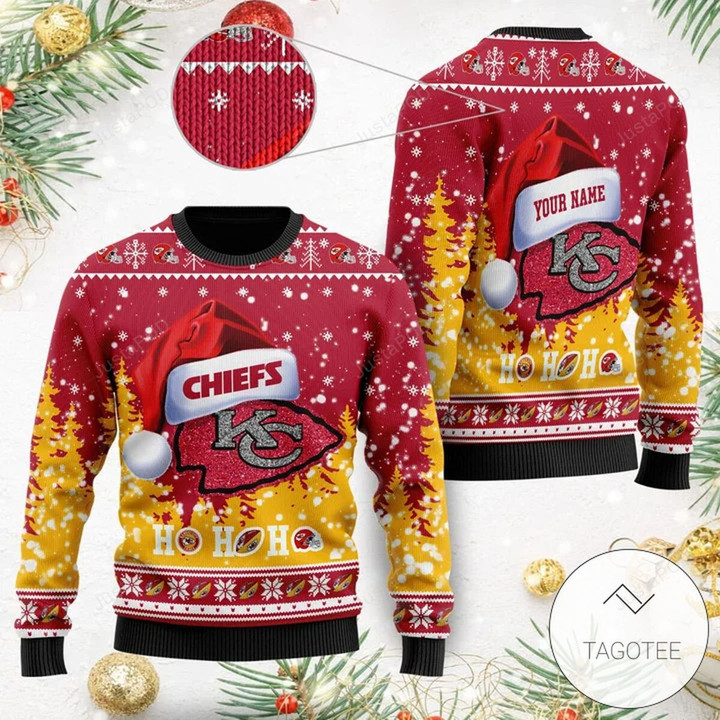 Kansas City Chiefs Symbol Wearing Santa Claus Hat Ho Ho Ho Personalized Ugly Christmas Sweater