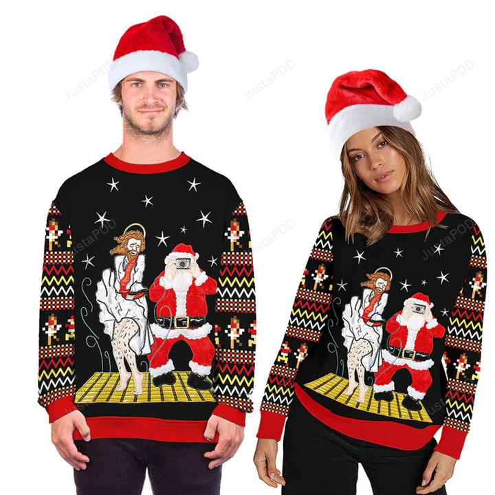 Funny Santa And Jesus Ugly Christmas Sweater, All Over Print Sweatshirt