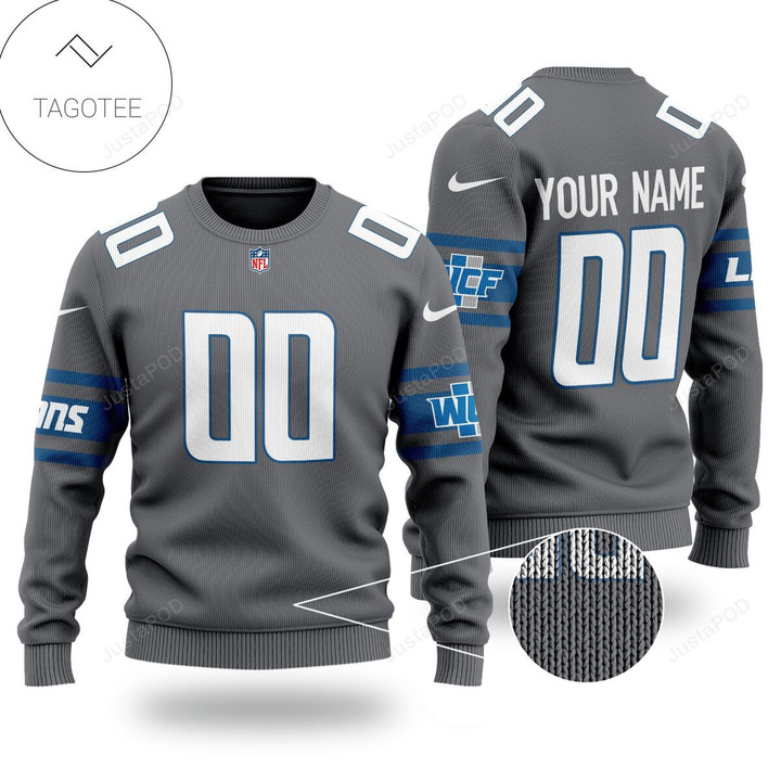Personalized Detroit Lions Gray Ugly Christmas Sweater