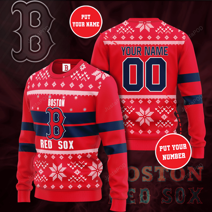 Personalized Custom Name And Number Boston Red Sox Ugly Christmas Sweater, All Over Print Sweatshirt