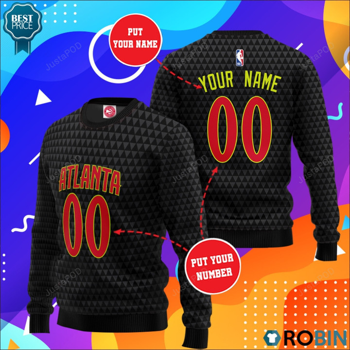 Personalized Custom Name And Number Atlanta Hawks Ugly Christmas Sweater, All Over Print Sweatshirt