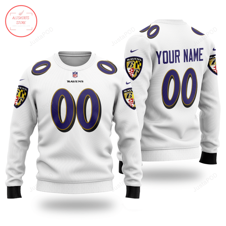 Personalized Custom Name And Number Baltimore Ravens For Fans Ugly Christmas Sweater, All Over Print Sweatshirt