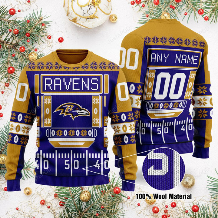 Custom Name Number NFL Baltimore Ravens playing field Ugly Christmas Sweater