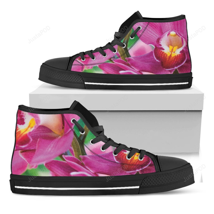 Pink Orchid Flower Print Black High Top Shoes