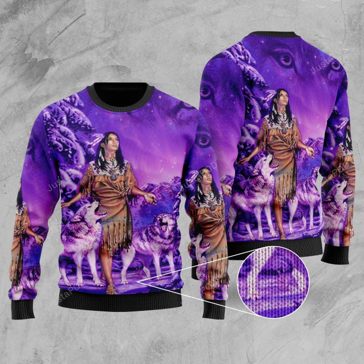 Native Girl And Wolf Ugly Christmas Sweater