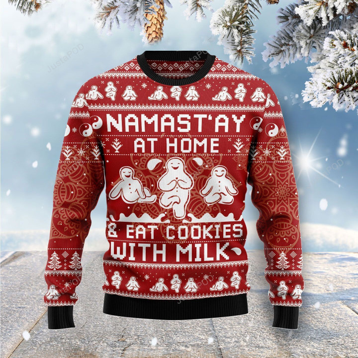 Namastay At Home Eat Cookies With Milk Ugly Christmas Sweater
