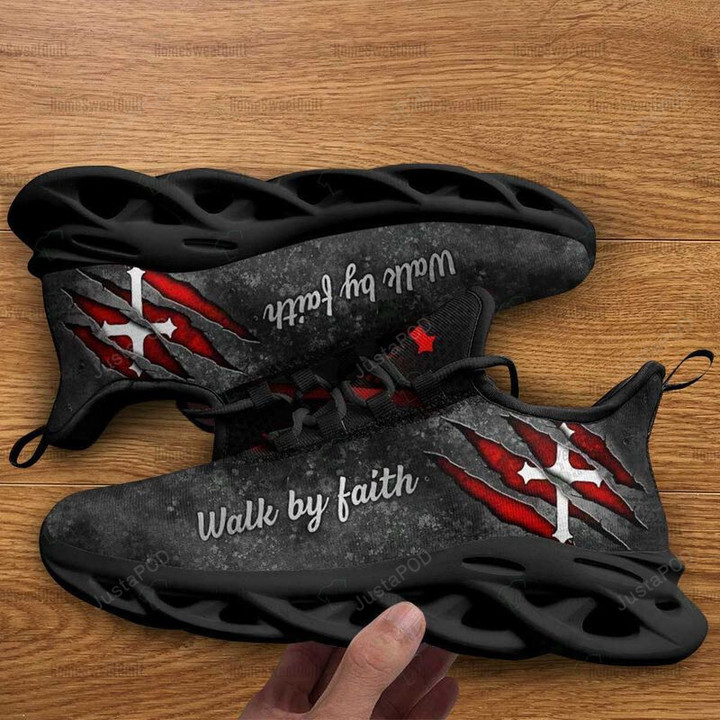 Jesus Cross Scratch Monster Max Soul Shoes, Walk By Faith Christian Men And Women Light Sports Shoes Full Size