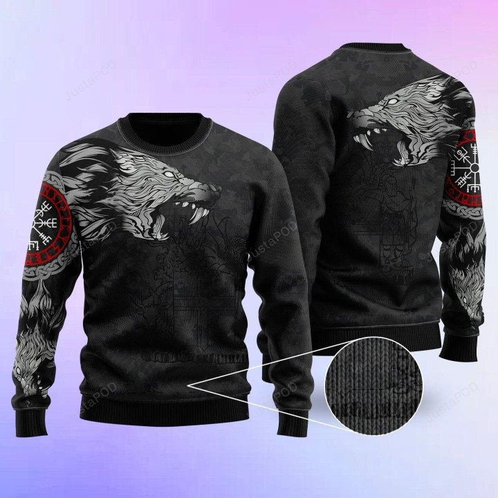 Iceland Fenrir Wolf And Viking Vegvisir Ugly Christmas Sweater , Iceland Fenrir Wolf And Viking Vegvisir 3D All Over Printed Sweater