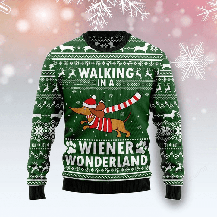 Dog Walking In A Wiener Wonderland Ugly Christmas Sweater , Dog 3D All Over Printed Sweater