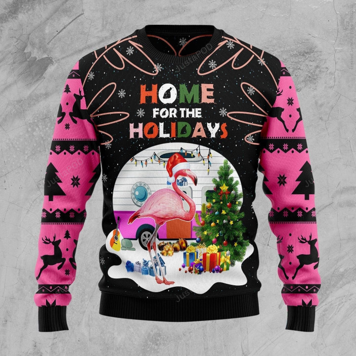 Home For The Holidays Flamingo Ugly Christmas Sweat, Home For The Holidays Flamingo 3D All Over Printed Sweaterer