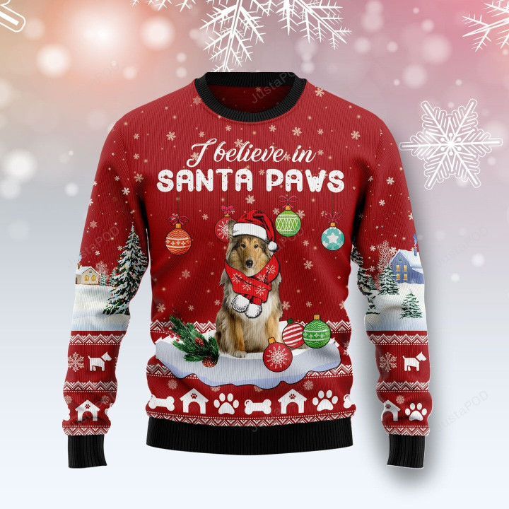 Collie I Believe In Santa Paws Ugly Christmas Sweater , Collie I Believe In Santa Paws 3D All Over Printed Sweater